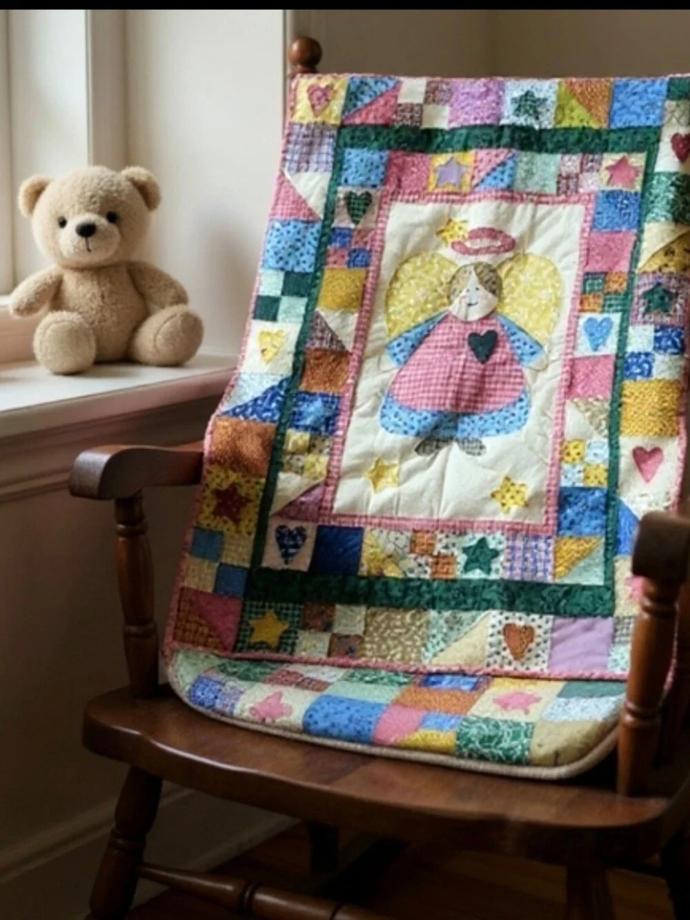 Country Nursery Sweet puffy Patchwork Angel/Hearts/Stars Crib Quilt  Multicolor